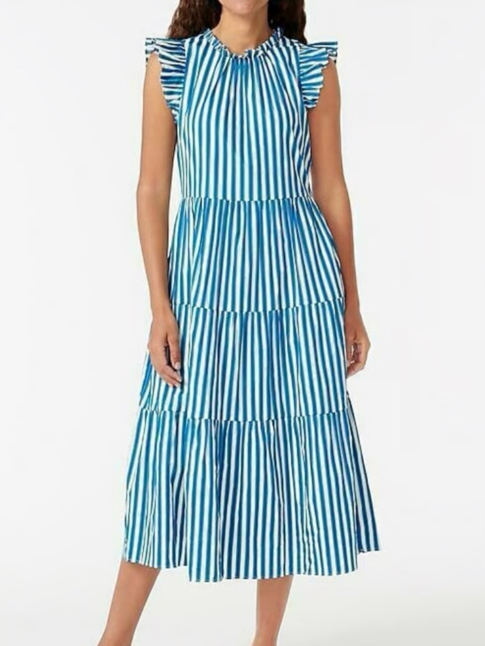 J. Crew Blue and White Striped Ruffle-Sleeve Tiered Midi Dress